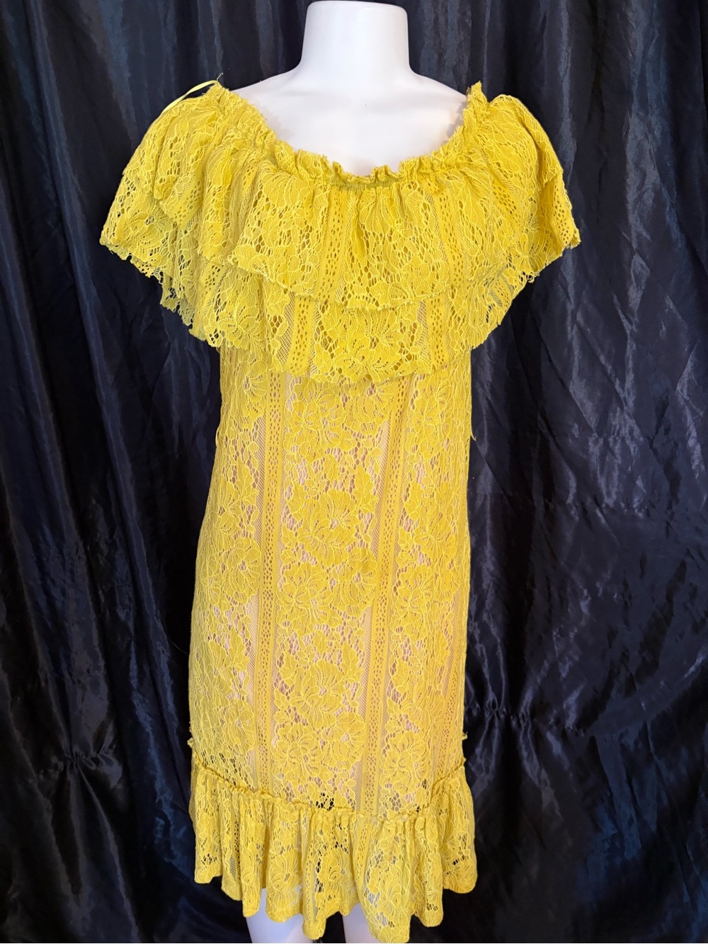 Sharagano Bright Yellow Lace Ruffle Off-Shoulder Dress